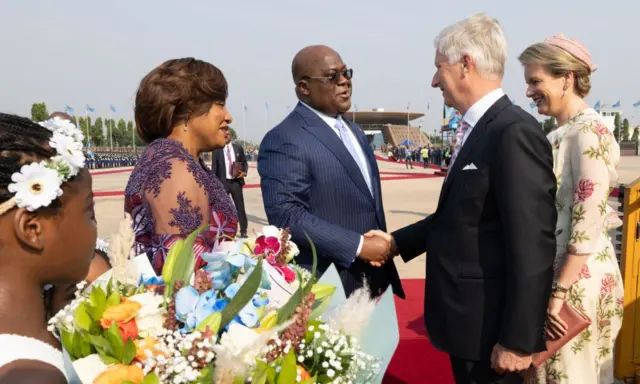 First Lady Denise Nyakeru,President Felix Tshisekedi, Queen Mathilde of Belgium and King Philippe pictured during the official welcome at N'Djili, Kinshasa International Airport.