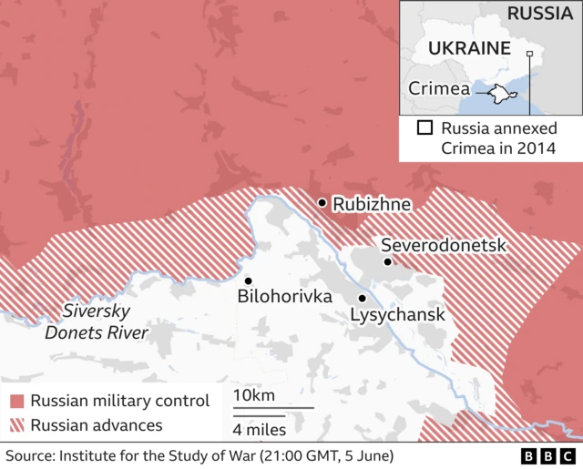 Map showing detail of Russian control in eastern Ukraine