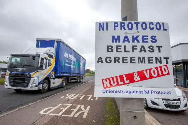 Protest sign near the port of Larne, north of Belfast