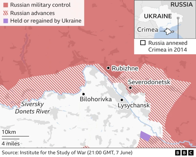 Map show area of control by Russian forces around Severodonetsk