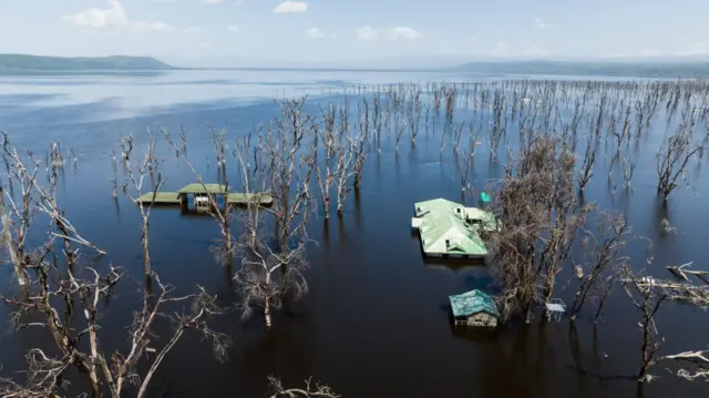 View of the submerged office buildings of the former main entrance to Lake Nakuru National Park. Over the last 10 years, Lakes in The Rift Valley have been rising steadily in what experts are pointing to as the effects of climate change.