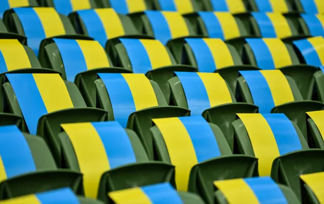 Ukraine flags on the seats at the Aviva Stadium