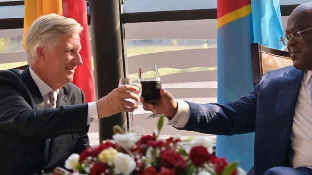 King Philippe and Congolese President Tshisekedi have a toast at the official welcome at N'Djili, Kinshasa International Airport