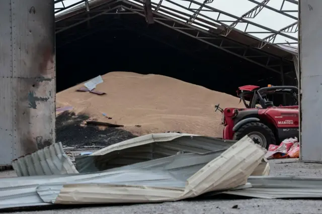 Seeds are seen in a grain silos destroyed in the Donestk region