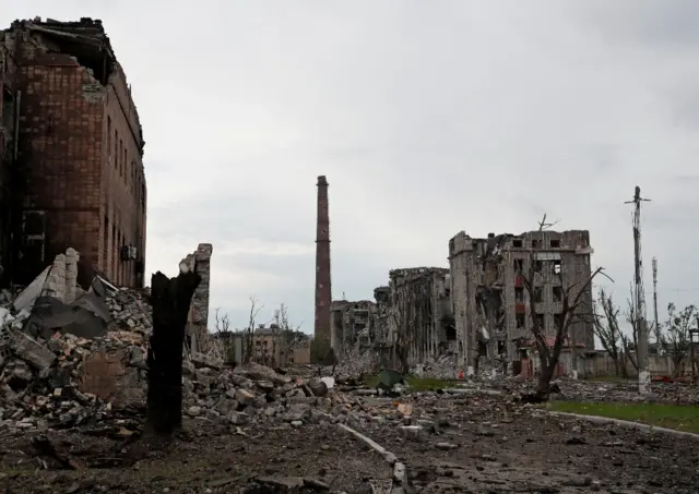 Ruined buildings at the Azovstal metal works in Mariupol