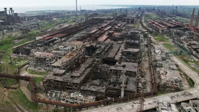 Aerial shot of the decimated Azovstal metal works