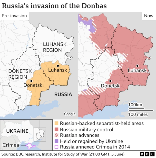 Map showing Russian control in eastern Ukraine