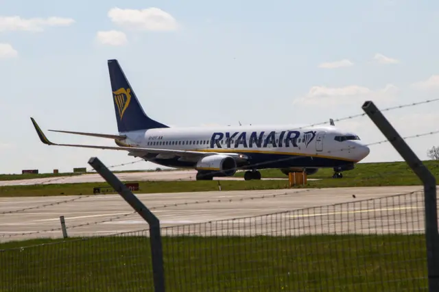 Ryanair aircraft prepares to take off at Luton airport