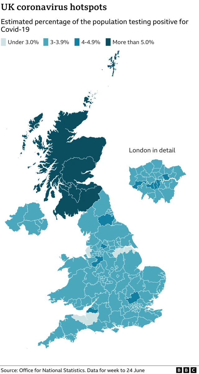 Covid hotspots in the UK based on ONS statistics 24 June