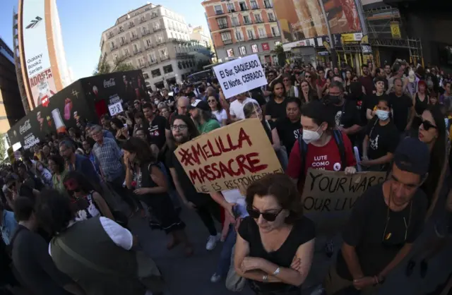 Hundreds of peoples attend a protest against the Spanish police action in the Melilla border in Madrid, Spain, 26 June 2022.