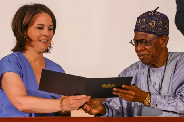 German Foreign Minister Annalena Baerbock and Nigerian Information and Culture Minister Lai Mohammed