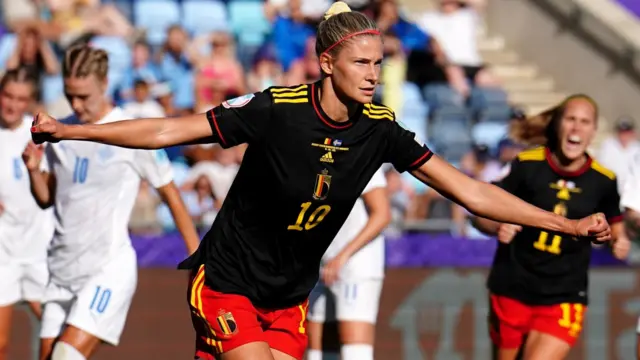 Belgium's Justine Vanhaevermaet celebrates after equalising against Iceland at Euro 2022