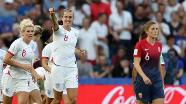 Jill Scott celebrates scoring against Norway in 2019