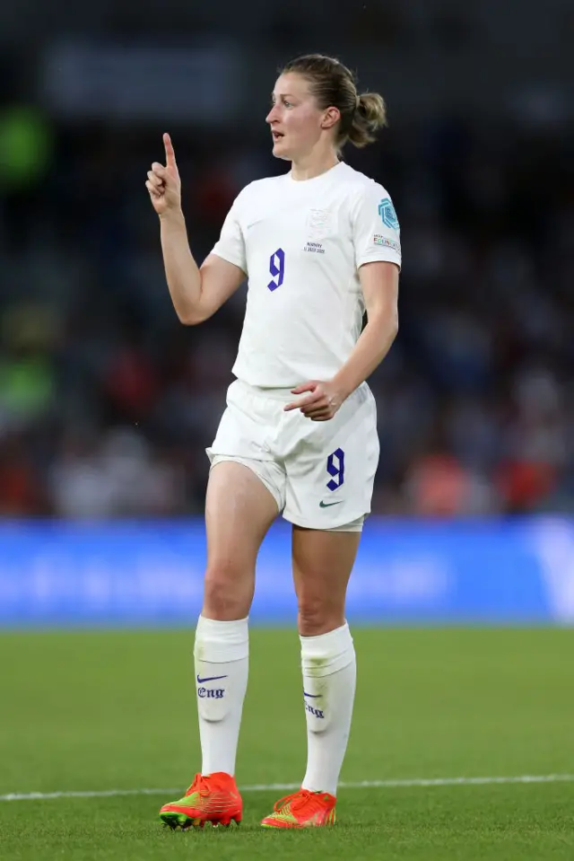 Ellen White of England gestures to the bench