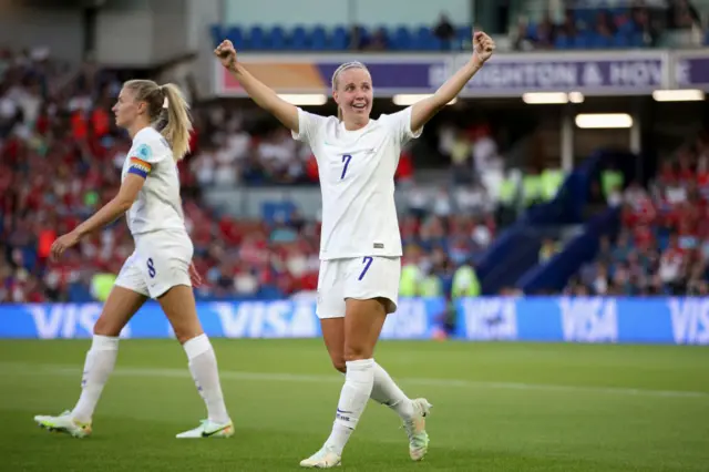 Beth Mead of England celebrates after scoring their team's fourth goal