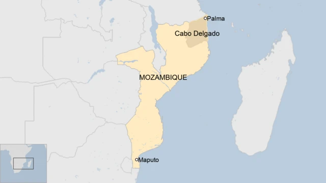 A map of Mozambique showing Palma in Cabo Delgado province, and the capital Maputo.