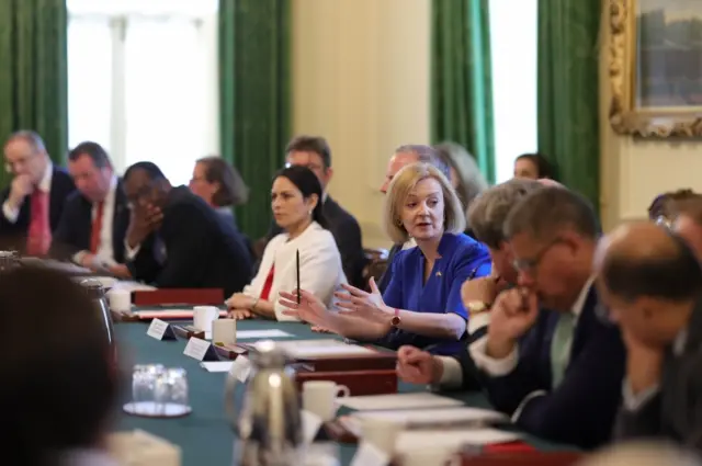 Foreign Secretary Liz Truss, a Tory leadership contender, speaks during the meeting