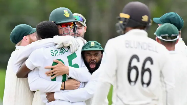 South Africa players celebrate a wicket against New Zealand