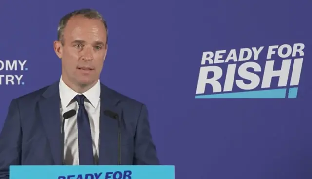 Deputy PM Dominic Raab introduces Rishi Sunak to the stage at his Tory leadership campaign launch