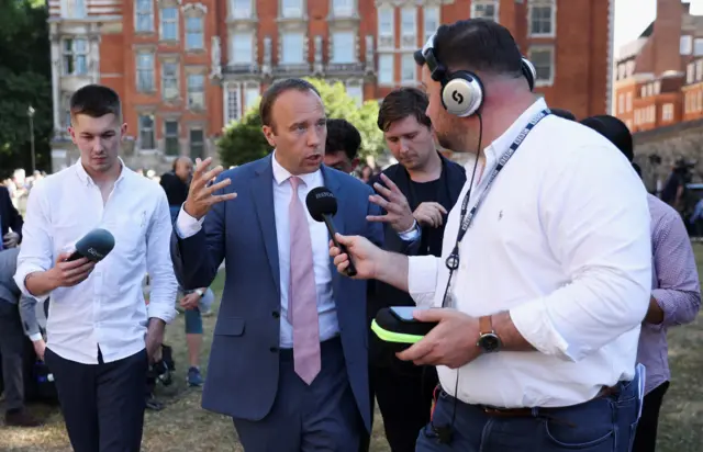 British former Secretary of State for Health Matt Hancock speaks to media in London