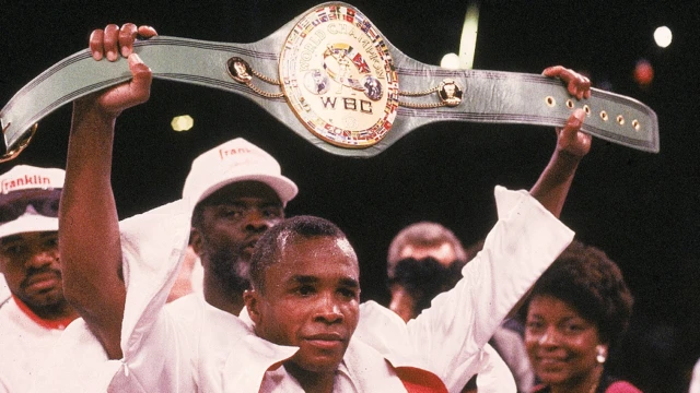 WBC Middleweight Title, Sugar Ray Leonard victorious with belt after winning fight vs Marvin Hagler at Caesars Palace, Las Vegas, NV 4/6/1987