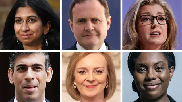 Pictures of Suella Braverman, Tom Tugendhat, Penny Mordaunt, Rishi Sunak, Liz Truss and Kemi Badenoch