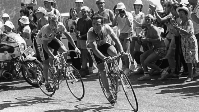 Greg LeMond and Bernard Hinault on Alpe d'Huez in 1986