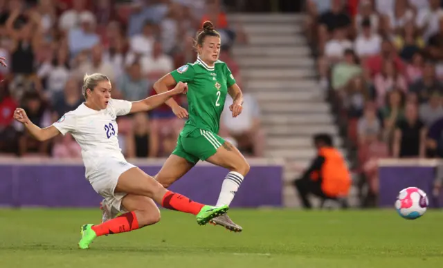 Alessia Russo of England scores their team's fourth goal during the UEFA Women's Euro 2022 group A match between Northern Ireland and England at St Mary's Stadium