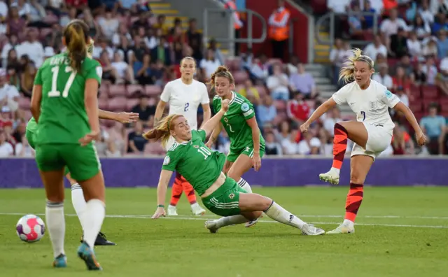 Beth Mead of England scores their side's second goal during the UEFA Women's Euro 2022 group A match between Northern Ireland and England at St Mary's Stadium