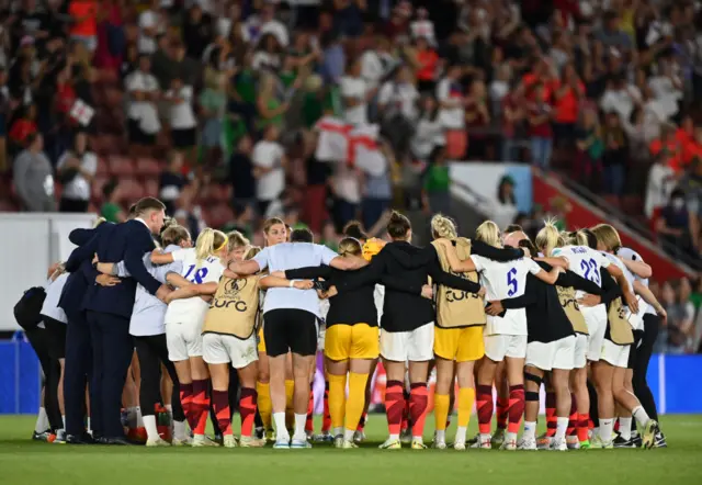 England players form a huddle following victory in the UEFA Women's Euro 2022 group A match between Northern Ireland and England at St Mary's Stadium on July 15, 2022 in Southampton, England.