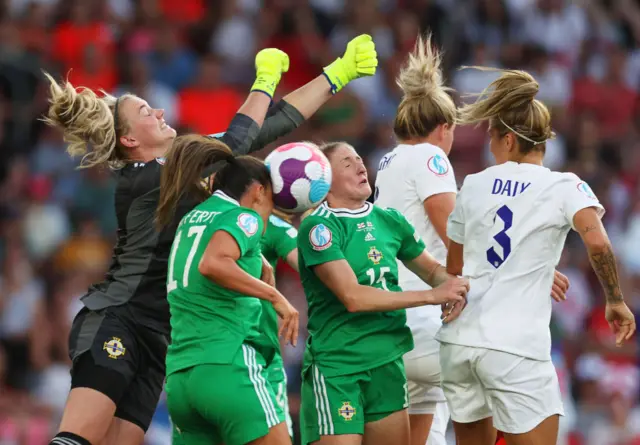 Jacqueline Burns of Northern Ireland jumps for the ball