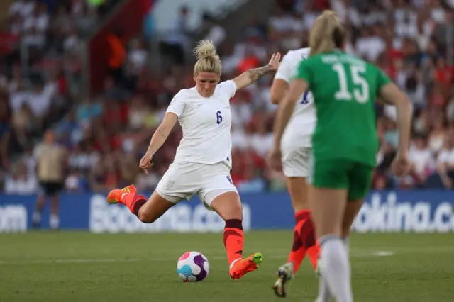 Millie Bright shoots during the UEFA Women's Euro 2022 Group A football match between Northern Ireland and England