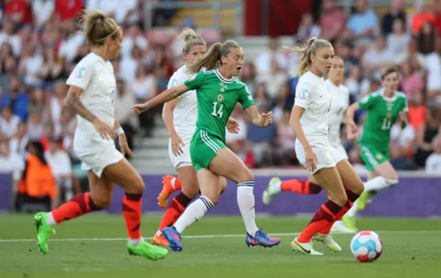 Lauren Wade of Northern Ireland shoots during the UEFA Women's Euro 2022 group A match between Northern Ireland and England at St Mary's Stadium