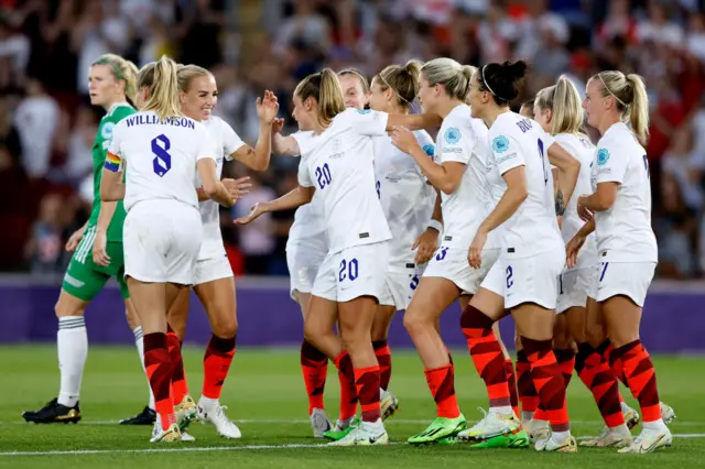 Alessia Russo of England celebrates after scoring their team's fourth goal with teammates