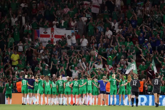 Northern Ireland players embrace the fans after their sides defeat during the UEFA Women's Euro 2022 group A match between Northern Ireland and England at St Mary's Stadium on July 15, 2022 in Southampton, England