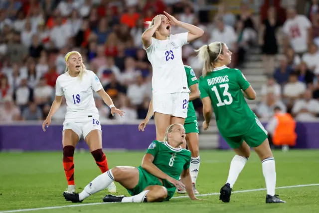 Alessia Russo of England reacts after a missed chance during the UEFA Women's Euro 2022 group A match between Northern Ireland and England at St Mary's Stadium on July 15, 2022 in Southampton, England.