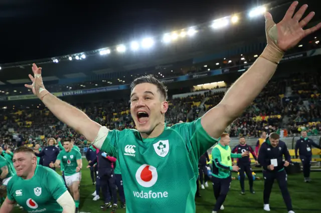 Johnny Sexton celebrates Ireland's series triumph in Wellington