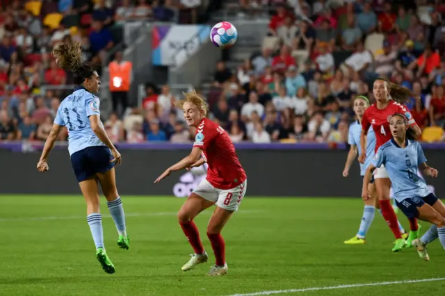 Marta Cardona of Spain scores their side's first goal during the UEFA Women's Euro 2022 group B match between Denmark and Spain at Brentford Community Stadium