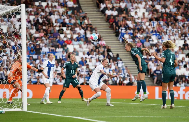 Sophia Kleinherne of Germany scores their team's first goal during the UEFA Women's Euro 2022 group B match between Finland and Germany at Stadium mk