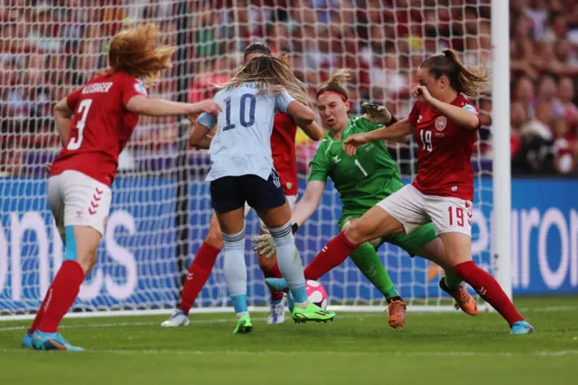 Athenea del Castillo of Spain attempts a shot on goal whilst under pressure from Lene Christensen and Janni Thomsen of Denmark during the UEFA Women's Euro 2022 group B match between Denmark and Spain