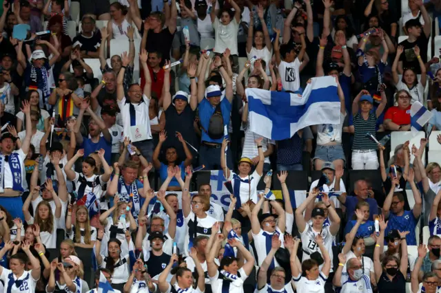 Finland fans complete a Mexican wave during the UEFA Women's Euro 2022 group B match between Finland and Germany at Stadium mk