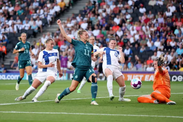 Alexandra Popp of Germany shoots during the UEFA Women's Euro 2022 group B match between Finland and Germany at Stadium mk