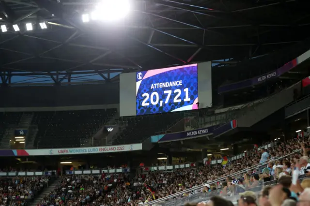 The LED board shows the match day attendance during the UEFA Women's Euro 2022 group B match between Finland and Germany at Stadium mk