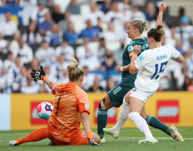 Alexandra Popp of Germany misses a chance to score against Goalkeeper Katriina Talaslahti and Natalia Kuikka