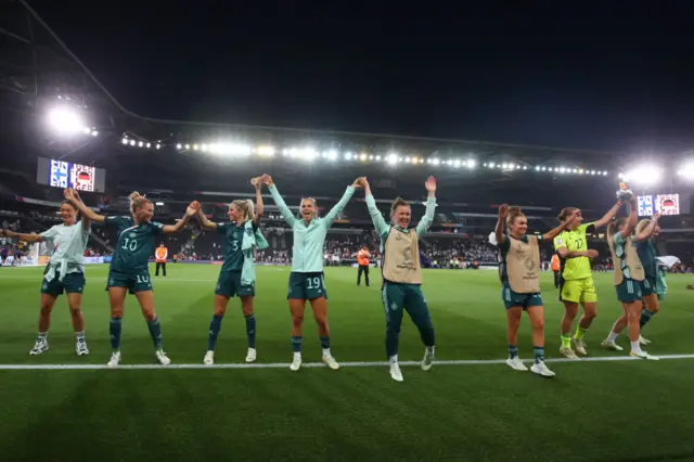 Germany players celebrate the win during the UEFA Women's Euro England 2022 group B match between Finland and Germany at Stadium mk on July 16, 2022 in Milton Keynes, United Kingdom