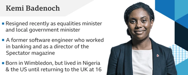 This infographic shows Kemi Badenoch's credentials and some biographical information