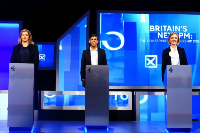 Penny Mordaunt, Rishi Sunak and Liz Truss at Here East studios in Stratford, east London, for the Channel 4 debate last week