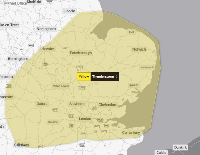 Map of yellow storm warning covering much of east, central and southern England