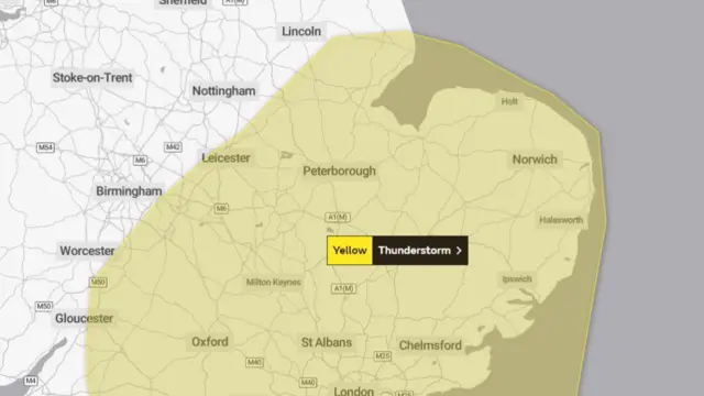 Map of a yellow weather warning