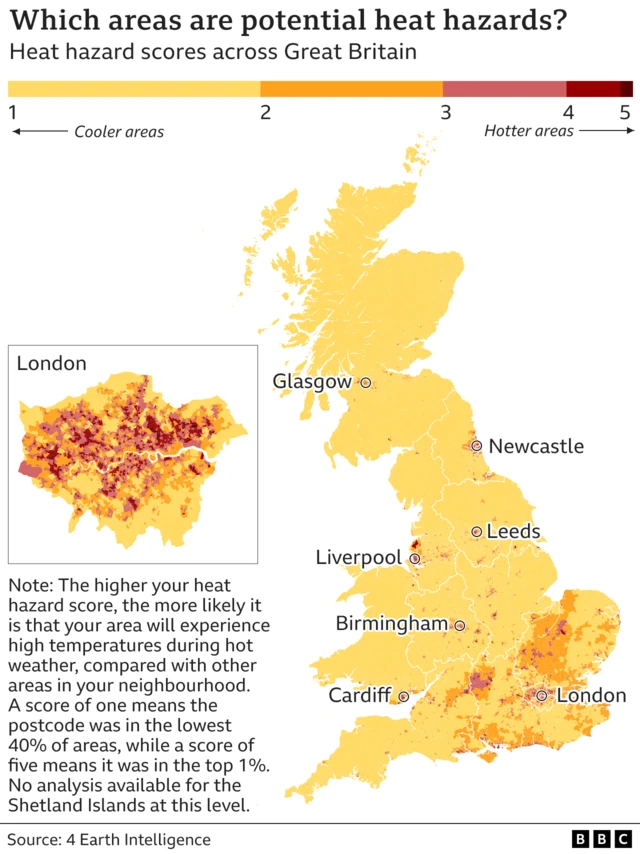 Map of heat hazard areas in Great Britain